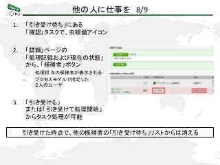 他の人に仕事を 8/9
1. 「引き受け待ち」にある
「確認」タスクで、虫眼鏡アイコン
2. 「詳細」ページの
「処理記録および現在の状態」
から、「候補者」ボタン
– 処理担当の候補者が表示される
– プロセスモデルで指定した
２人のユーザ
3. 「引き受ける」
または「引き受けて処理開始」
からタスク処理が可能
引き受けた時点で、他の候補者の「引き受け待ち」リストからは消える
 