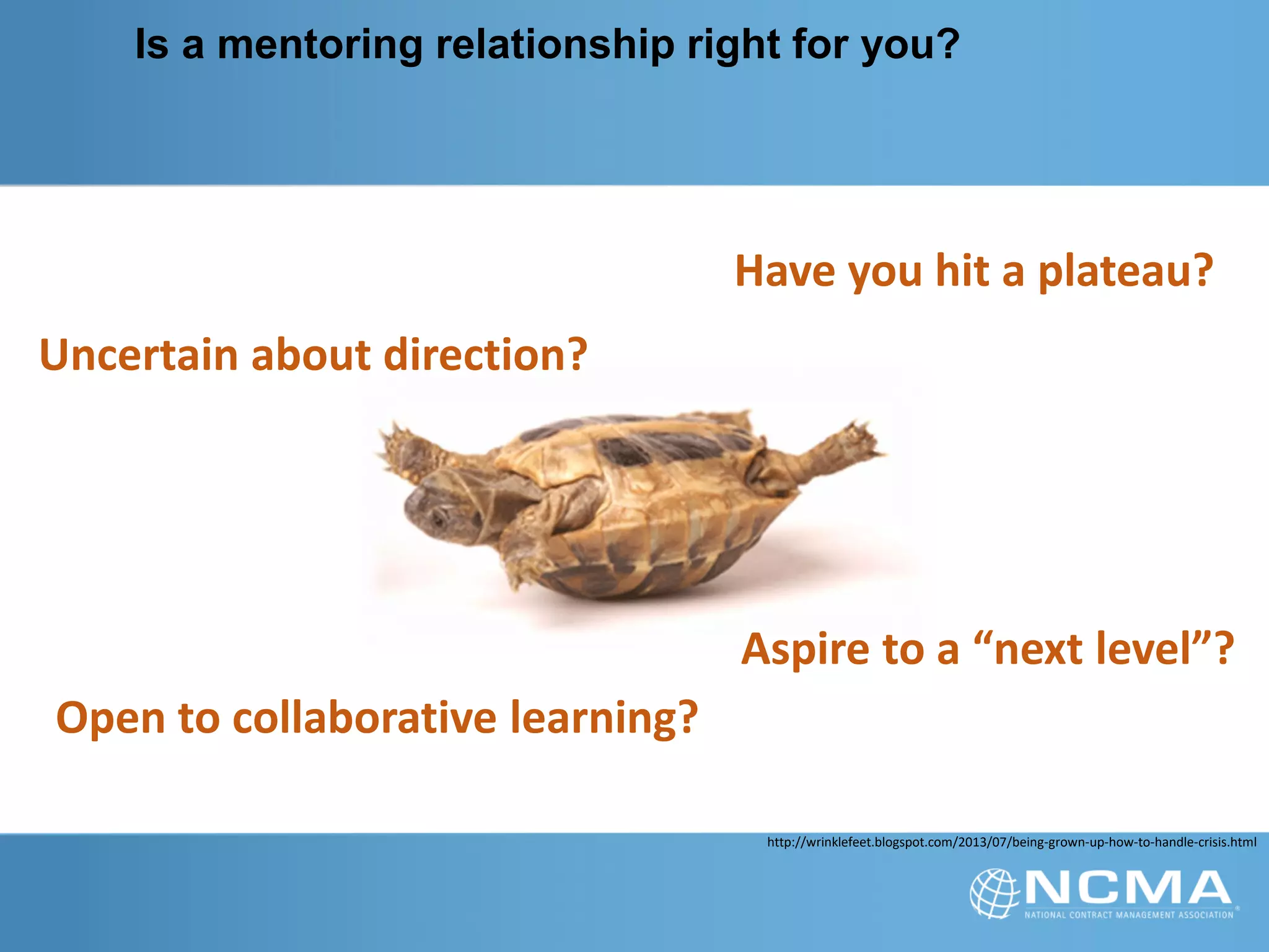 Is a mentoring relationship right for you?
http://wrinklefeet.blogspot.com/2013/07/being-grown-up-how-to-handle-crisis.html
Have you hit a plateau?
Aspire to a “next level”?
Uncertain about direction?
Open to collaborative learning?
 
