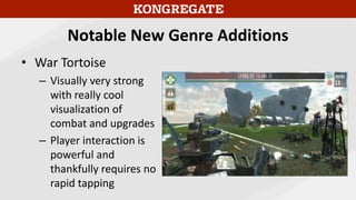 Notable New Genre Additions
• War Tortoise
– Visually very strong
with really cool
visualization of
combat and upgrades
– Player interaction is
powerful and
thankfully requires no
rapid tapping
 