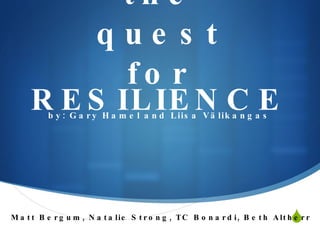 the quest for ,[object Object], RESILIENCE Matt Bergum, Natalie Strong, TC Bonardi, Beth Altherr 