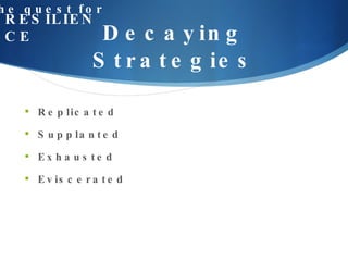 Decaying Strategies the quest for RESILIENCE Replicated Supplanted Exhausted Eviscerated 