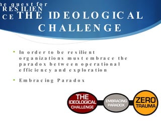 THE IDEOLOGICAL CHALLENGE the quest for RESILIENCE In order to be resilient organizations must embrace the paradox between operational efficiency and exploration Embracing Paradox 
