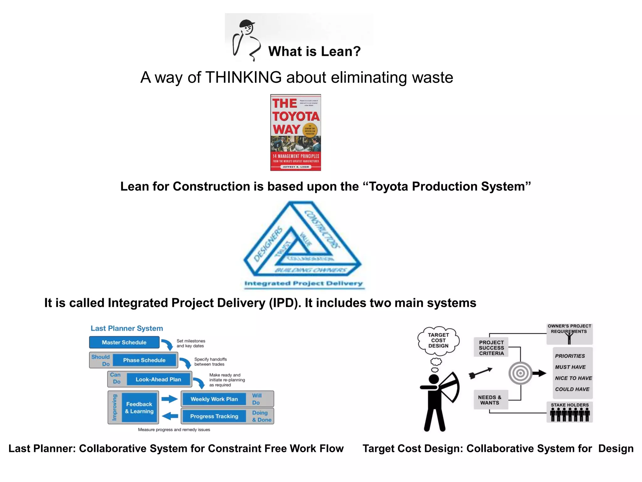 Lean for Construction is based upon the “Toyota Production System”
It is called Integrated Project Delivery (IPD). It includes two main systems
Last Planner: Collaborative System for Constraint Free Work Flow Target Cost Design: Collaborative System for Design
A way of THINKING about eliminating waste
 