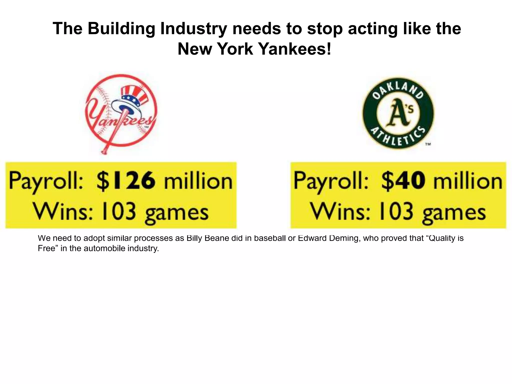 The Building Industry needs to stop acting like the
New York Yankees!
The problem with the building industry is that we act like the New York Yankees when it comes to delivering
GREEN building projects. We get out our checkbooks buy sexy green technologies, field a team of disintegrated
high priced performers that stumble their way to Net 0 energy performance at a significant cost premium. It
doesn’t have to be this way!
We need to adopt similar processes as Billy Beane did in baseball or Edward Deming, who proved that “Quality is
Free” in the automobile industry.
 