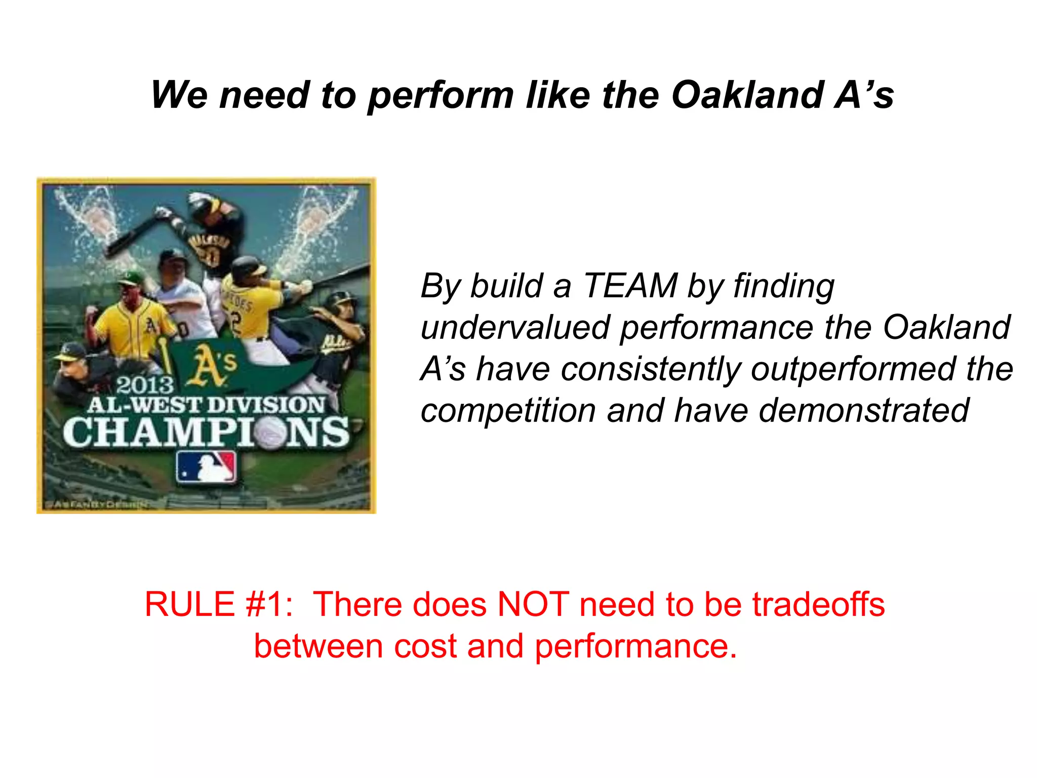 University of Winnipeg Science Complex
& Richardson College for the Environment
University of Winnipeg Science Complex
& Richardson College for the Environment
We need to perform like the Oakland A’s
By build a TEAM by finding
undervalued performance the Oakland
A’s have consistently outperformed the
competition and have demonstrated
RULE #1: There does NOT need to be tradeoffs
between cost and performance.
 