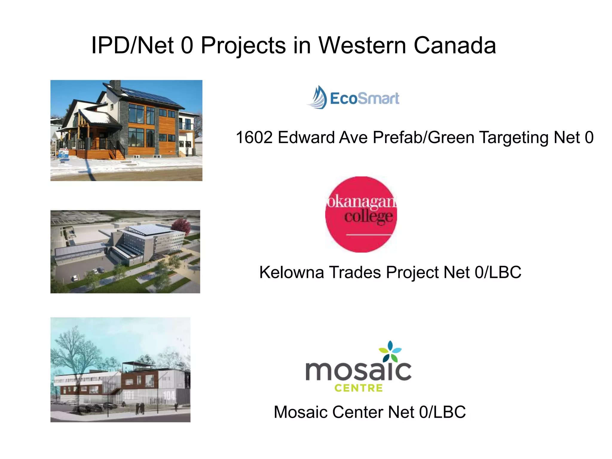 IPD/Net 0 Projects in Western Canada
Kelowna Trades Project Net 0/LBC
Mosaic Center Net 0/LBC
1602 Edward Ave Prefab/Green Targeting Net 0
 
