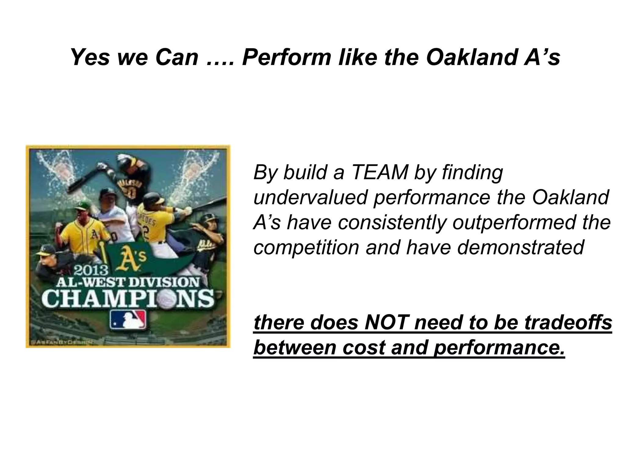 University of Winnipeg Science Complex
& Richardson College for the Environment
University of Winnipeg Science Complex
& Richardson College for the Environment
Yes we Can …. Perform like the Oakland A’s
By build a TEAM by finding
undervalued performance the Oakland
A’s have consistently outperformed the
competition and have demonstrated
there does NOT need to be tradeoffs
between cost and performance.
 