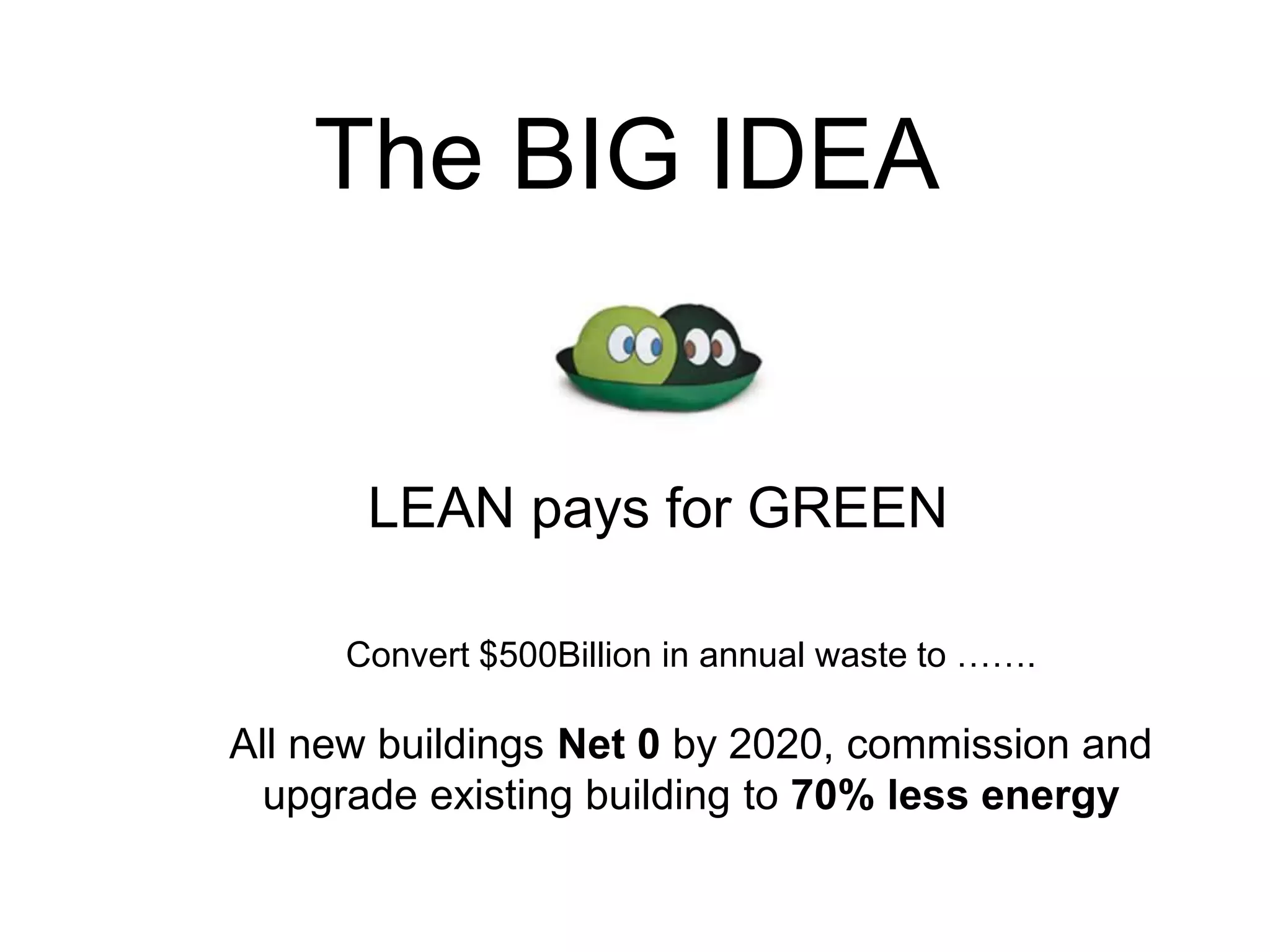 The BIG IDEA
LEAN pays for GREEN
Convert $500Billion in annual waste to …….
All new buildings Net 0 by 2020, commission and
upgrade existing building to 70% less energy
 