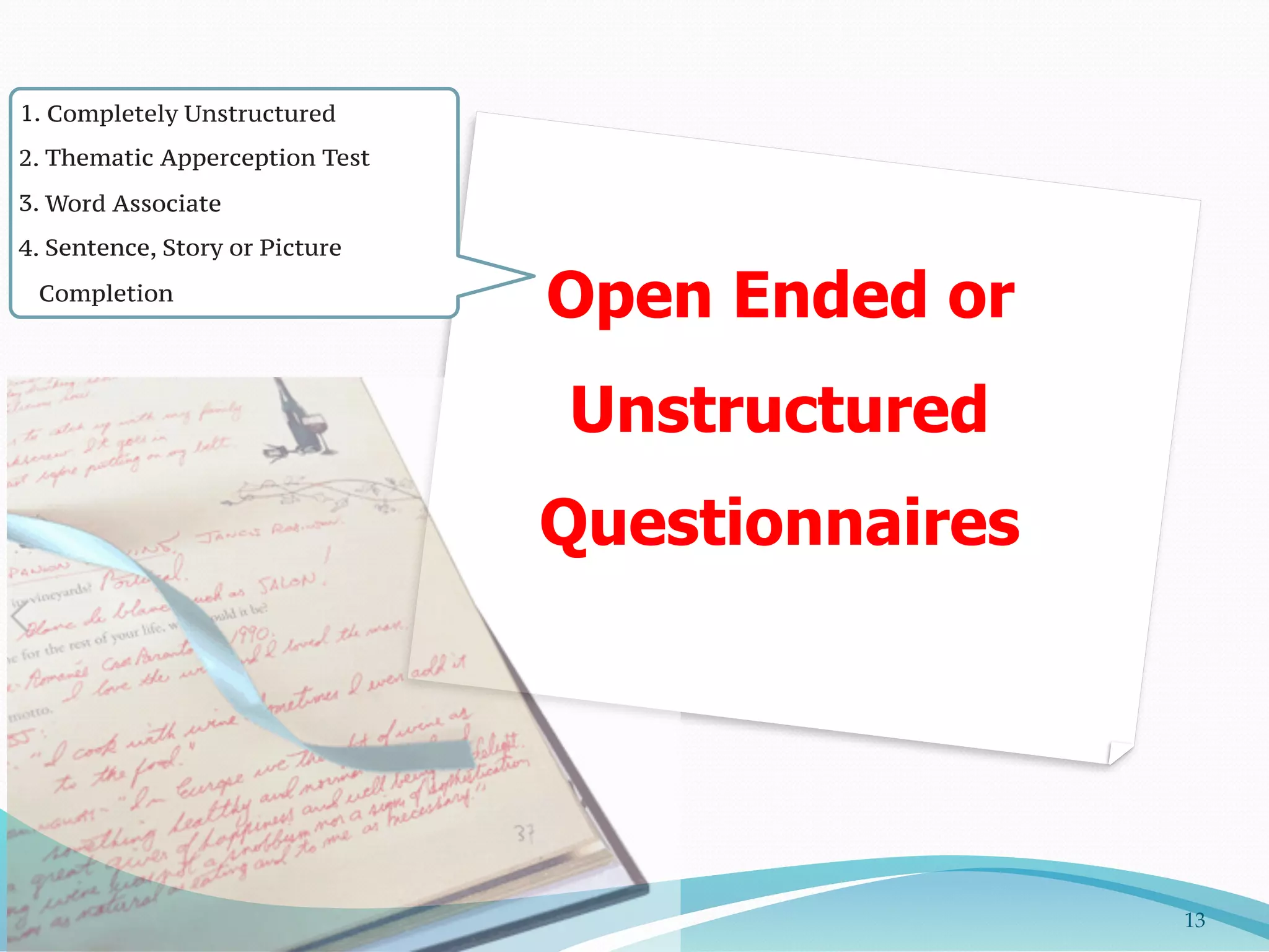 Open Ended or
Unstructured
Questionnaires
13
1. Completely Unstructured
2. Thematic Apperception Test
3. Word Associate
4. Sentence, Story or Picture
Completion
 