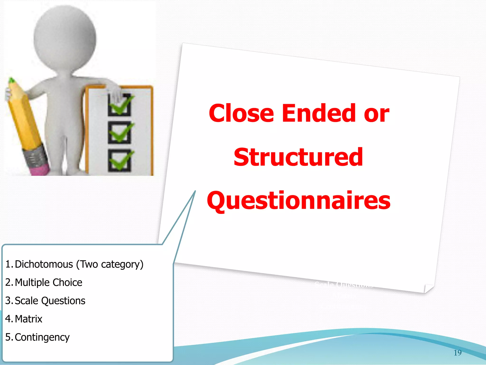 Close Ended or
Structured
Questionnaires
19
1.Dichotomous (Two category)
2.Multiple Choice
3.Scale Questions
4.Matrix
5.Contingency
Dichotomous (Two category)
Multiple Choice
Scale Questions
Matrix
Contingency
 