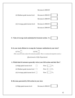 Revenue in 2008-09


       (ii) Medium grade income level:               Revenue in 2004-05

                                                     Revenue in 2008-09


       (iii) Average grade income level:             Revenue in 2004-05

                                                     Revenue in 2008-09




C. Value of average stock maintained in Garment section: Rs.




D. Is your stock efficient to revamp the Customer satisfaction in your store?

       (i) Yes                             (ii) No
    (This research is done only for the education purpose. There is no financial/competitive motive.)

                               Questionnaire (Gifts Department)


A. Which kind of customers generally visit at your Gift section and their flow?

       (i) High grade income level                              Flow              %

       (ii) Medium grade income level                           Flow              %

       (iii) Average grade income level                         Flow              %




B. Revenue generated by Gift section in your store


       (i) High grade income level:                  Revenue in 2004-05



                                                                                                        62
 