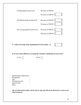 (i) High grade income level:             Revenue in 2004-05

                                                Revenue in 2008-09


       (ii) Medium grade income level:          Revenue in 2004-05

                                                Revenue in 2008-09


       (iii) Average grade income level:        Revenue in 2004-05

                                                Revenue in 2008-09




C. Value of average stock maintained in Card section: Rs.




D. Is your stock efficient to revamp the Customer satisfaction in your store?

       (i) Yes                        (ii) No




Questionnaire filled up by :
Designation                 :
Age                        :
Working here for           :
Date & Time                :
Place                      :


(Be sure that all the details will be kept in safe and will not be disclosed or used on any
others purpose)



                                                                                        65
 