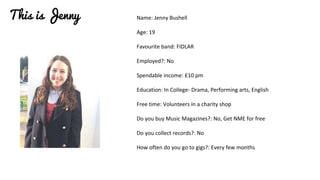 This is Jenny Name: Jenny Bushell
Age: 19
Favourite band: FIDLAR
Employed?: No
Spendable income: £10 pm
Education: In College- Drama, Performing arts, English
Free time: Volunteers in a charity shop
Do you buy Music Magazines?: No, Get NME for free
Do you collect records?: No
How often do you go to gigs?: Every few months
 
