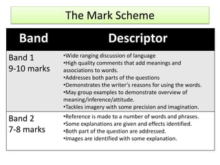 The Mark Scheme
Band Descriptor
Band 1
9-10 marks
•Wide ranging discussion of language
•High quality comments that add meanings and
associations to words.
•Addresses both parts of the questions
•Demonstrates the writer’s reasons for using the words.
•May group examples to demonstrate overview of
meaning/inference/attitude.
•Tackles imagery with some precision and imagination.
Band 2
7-8 marks
•Reference is made to a number of words and phrases.
•Some explanations are given and effects identified.
•Both part of the question are addressed.
•Images are identified with some explanation.
 