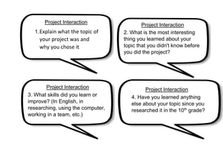 Project Interaction
Project Interaction
Project Interaction Project Interaction
1.Explain what the topic of
your project was and
why you chose it.
2. What is the most interesting
thing you learned about your
topic that you didn't know before
you did the project?
3. What skills did you learn or
improve? (In English, in
researching, using the computer,
working in a team, etc.)
4. Have you learned anything
else about your topic since you
?
grade
th
researched it in the 10
 