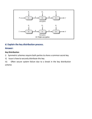 d. Explain the key distribution process.
Answer:
Key Distribution
i) Symmetric schemes require both parties to share a common secret key
ii) Issue is how to securely distribute this key
iii) Often secure system failure due to a break in the key distribution
scheme
 
