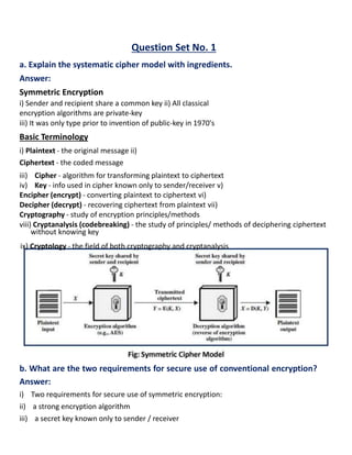 Question Set No. 1
a. Explain the systematic cipher model with ingredients.
Answer:
Symmetric Encryption
i) Sender and recipient share a common key ii) All classical
encryption algorithms are private-key
iii) It was only type prior to invention of public-key in 1970's
Basic Terminology
i) Plaintext - the original message ii)
Ciphertext - the coded message
iii) Cipher - algorithm for transforming plaintext to ciphertext
iv) Key - info used in cipher known only to sender/receiver v)
Encipher (encrypt) - converting plaintext to ciphertext vi)
Decipher (decrypt) - recovering ciphertext from plaintext vii)
Cryptography - study of encryption principles/methods
viii) Cryptanalysis (codebreaking) - the study of principles/ methods of deciphering ciphertext
without knowing key
ix) Cryptology - the field of both cryptography and cryptanalysis
b. What are the two requirements for secure use of conventional encryption?
Answer:
i) Two requirements for secure use of symmetric encryption:
ii) a strong encryption algorithm
iii) a secret key known only to sender / receiver
 