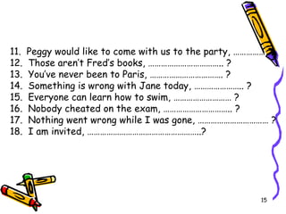 11.  Peggy would like to come with us to the party, …………… ? 12.  Those aren’t Fred’s books, …………………………….. ? 13.  You’ve never been to Paris, ……………………………. ? 14.  Something is wrong with Jane today, ………………….. ? 15.  Everyone can learn how to swim, ……………………… ? 16.  Nobody cheated on the exam, ………………………….. ? 17.  Nothing went wrong while I was gone, …………………………… ? 18.  I am invited, ……………………………………………..?   