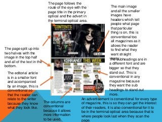 The page follows the
route of the eye with the
page title in the primary
optical and the advert in
the terminal optical ar...