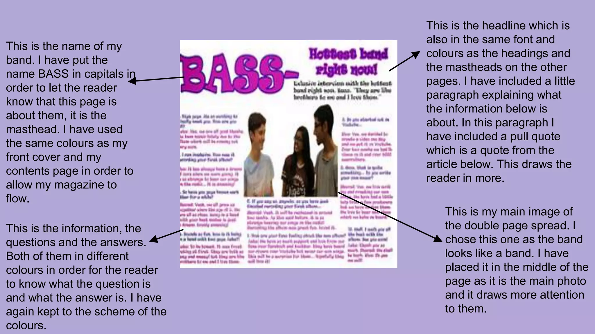 This is the name of my
band. I have put the
name BASS in capitals in
order to let the reader
know that this page is
about them, it is the
masthead. I have used
the same colours as my
front cover and my
contents page in order to
allow my magazine to
flow.
This is the information, the
questions and the answers.
Both of them in different
colours in order for the reader
to know what the question is
and what the answer is. I have
again kept to the scheme of the
colours.
This is the headline which is
also in the same font and
colours as the headings and
the mastheads on the other
pages. I have included a little
paragraph explaining what
the information below is
about. In this paragraph I
have included a pull quote
which is a quote from the
article below. This draws the
reader in more.
This is my main image of
the double page spread. I
chose this one as the band
looks like a band. I have
placed it in the middle of the
page as it is the main photo
and it draws more attention
to them.
 