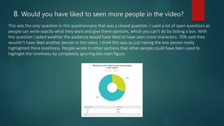 8. Would you have liked to seen more people in the video?
This was the only question in this questionnaire that was a closed question. I used a lot of open questions as
people can write exactly what they want and give there opinions, which you can’t do by ticking a box. With
this question I asked weather the audience would have liked to have seen more characters. 70% said they
wouldn’t have liked another person in the video. I think this was as just having the one person really
highlighted there loneliness. People wrote in other sections that other people could have been used to
highlight the loneliness by completely ignoring the main figure.
 