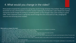 4. What would you change in the video?
Most people answered this question by saying they would change whatever they disliked. People said they
would like too see a third location or another location replacing one of the two I used. People also replied
saying they would change the ending to something better as they though it was a poor ending to a good
video. Other responses came in saying they would change the shot choice and cut rate, changing the
costume and removing some mistakes.
What would you change in the video?
• I would change the costume. I would also change the video so that other people were in it to highlight his loneliness.
• I would have changed the costume and shown more of the stage location.
• I would personally eradicate all the mistakes and maybe add a new location.
• I would find a way to film in the park without the play area and the houses. I would also add some close up shots.
• I would change the ending for something more meaningful as the rest of the video was great.
• I would change the locations. I think the idea of a park and stage were good but they weren't executed well. The park would look good without the play area
and the houses. Also if a different staged was used that would look great.
• I would make the cut rate quicker as it was too slow for a music video. I would also add in more variety of shots such as more close ups and extreme close ups.
• I would add a wider variety of shots
• Change the on stage section for a city or studio location.
• I would add a variety of more shot types especially close ups and extreme close ups. I would also have added a third location preferably in a recording studio.
Finally I would have had more people in the video.
 