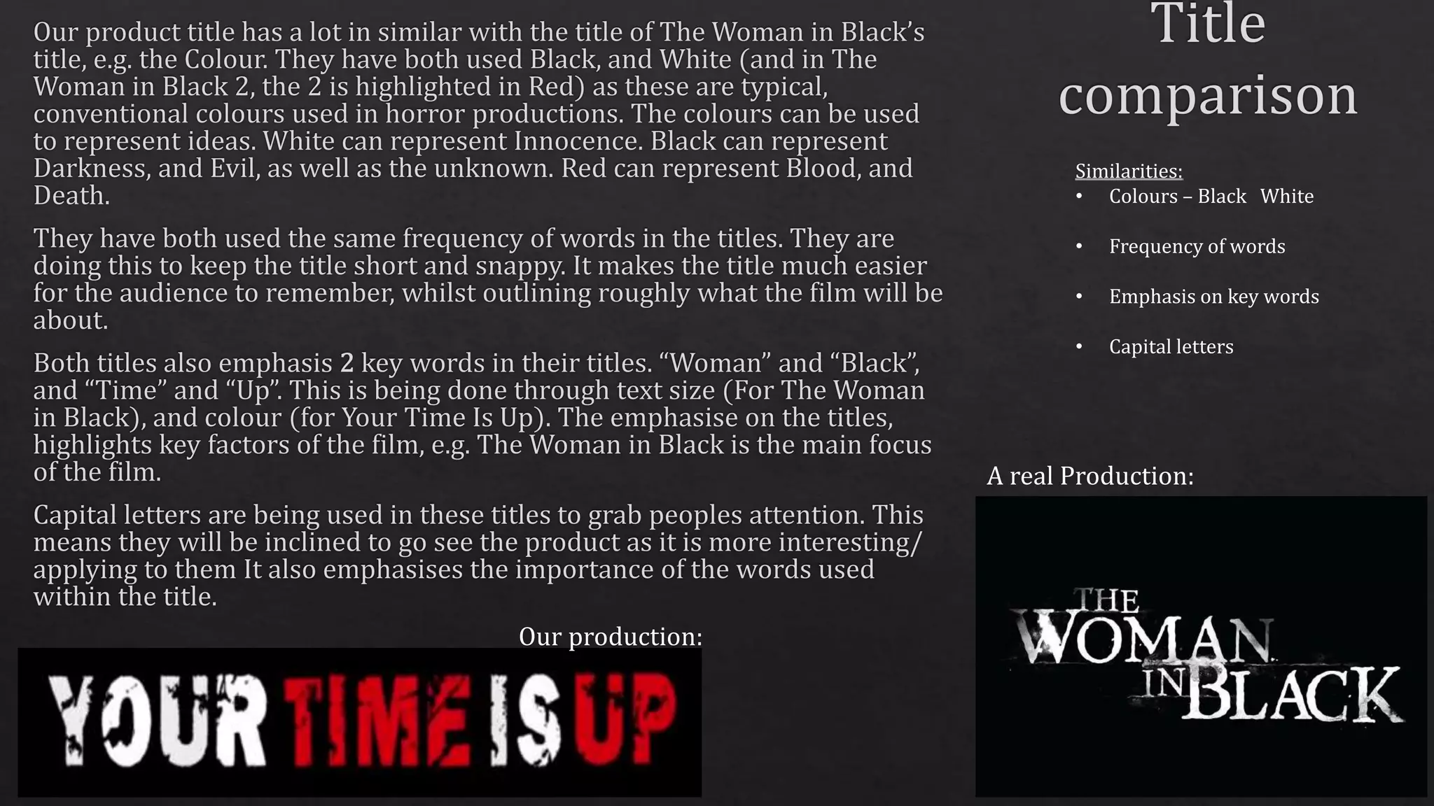 Our production:
A real Production:
Similarities:
• Colours – Black White
• Frequency of words
• Emphasis on key words
• Capital letters
 