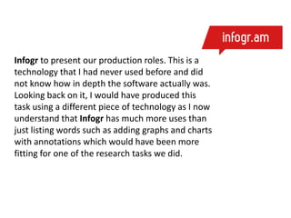 Infogr to present our production roles. This is a
technology that I had never used before and did
not know how in depth the software actually was.
Looking back on it, I would have produced this
task using a different piece of technology as I now
understand that Infogr has much more uses than
just listing words such as adding graphs and charts
with annotations which would have been more
fitting for one of the research tasks we did.

 