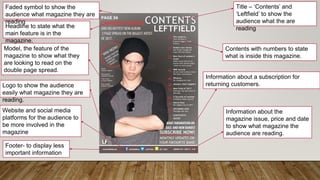 Title – ‘Contents’ and
‘Leftfield’ to show the
audience what the are
reading
Contents with numbers to state
what is inside this magazine.
Information about a subscription for
returning customers.
Information about the
magazine issue, price and date
to show what magazine the
audience are reading.
Footer- to display less
important information
Website and social media
platforms for the audience to
be more involved in the
magazine
Logo to show the audience
easily what magazine they are
reading.
Model, the feature of the
magazine to show what they
are looking to read on the
double page spread.
Headline to state what the
main feature is in the
magazine.
Faded symbol to show the
audience what magazine they are
reading
 