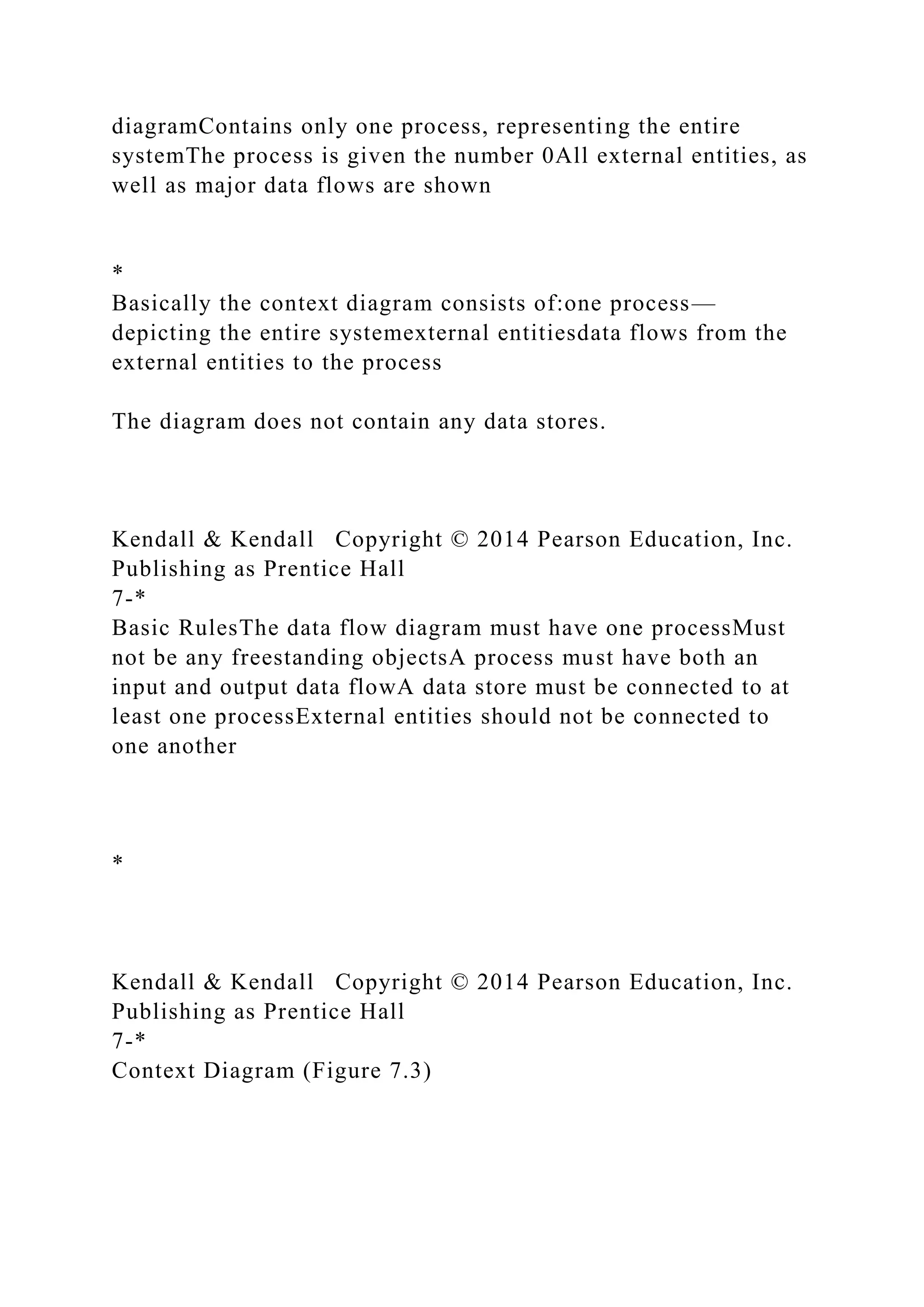diagramContains only one process, representing the entire
systemThe process is given the number 0All external entities, as
well as major data flows are shown
*
Basically the context diagram consists of:one process—
depicting the entire systemexternal entitiesdata flows from the
external entities to the process
The diagram does not contain any data stores.
Kendall & Kendall Copyright © 2014 Pearson Education, Inc.
Publishing as Prentice Hall
7-*
Basic RulesThe data flow diagram must have one processMust
not be any freestanding objectsA process must have both an
input and output data flowA data store must be connected to at
least one processExternal entities should not be connected to
one another
*
Kendall & Kendall Copyright © 2014 Pearson Education, Inc.
Publishing as Prentice Hall
7-*
Context Diagram (Figure 7.3)
 