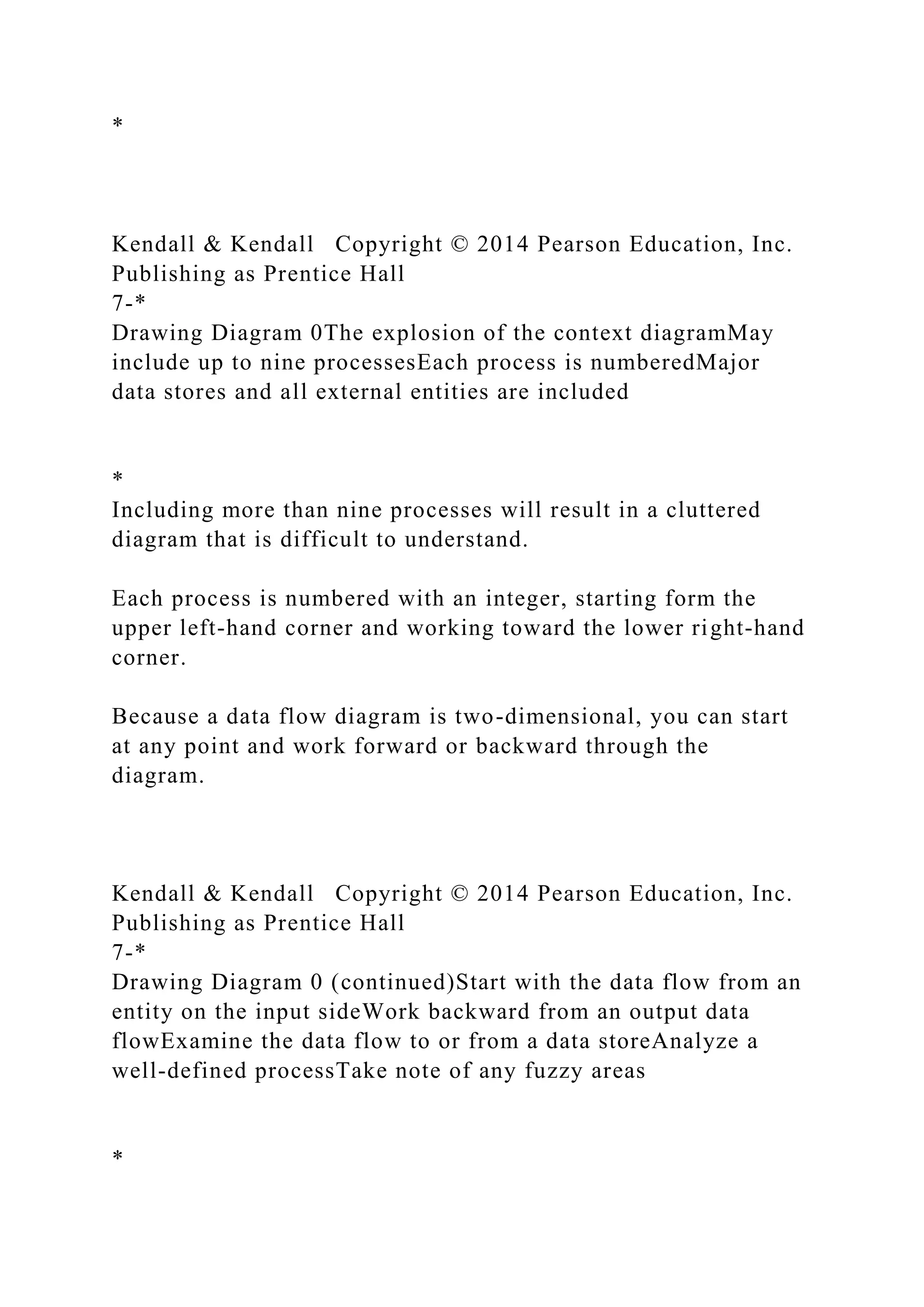 *
Kendall & Kendall Copyright © 2014 Pearson Education, Inc.
Publishing as Prentice Hall
7-*
Drawing Diagram 0The explosion of the context diagramMay
include up to nine processesEach process is numberedMajor
data stores and all external entities are included
*
Including more than nine processes will result in a cluttered
diagram that is difficult to understand.
Each process is numbered with an integer, starting form the
upper left-hand corner and working toward the lower right-hand
corner.
Because a data flow diagram is two-dimensional, you can start
at any point and work forward or backward through the
diagram.
Kendall & Kendall Copyright © 2014 Pearson Education, Inc.
Publishing as Prentice Hall
7-*
Drawing Diagram 0 (continued)Start with the data flow from an
entity on the input sideWork backward from an output data
flowExamine the data flow to or from a data storeAnalyze a
well-defined processTake note of any fuzzy areas
*
 