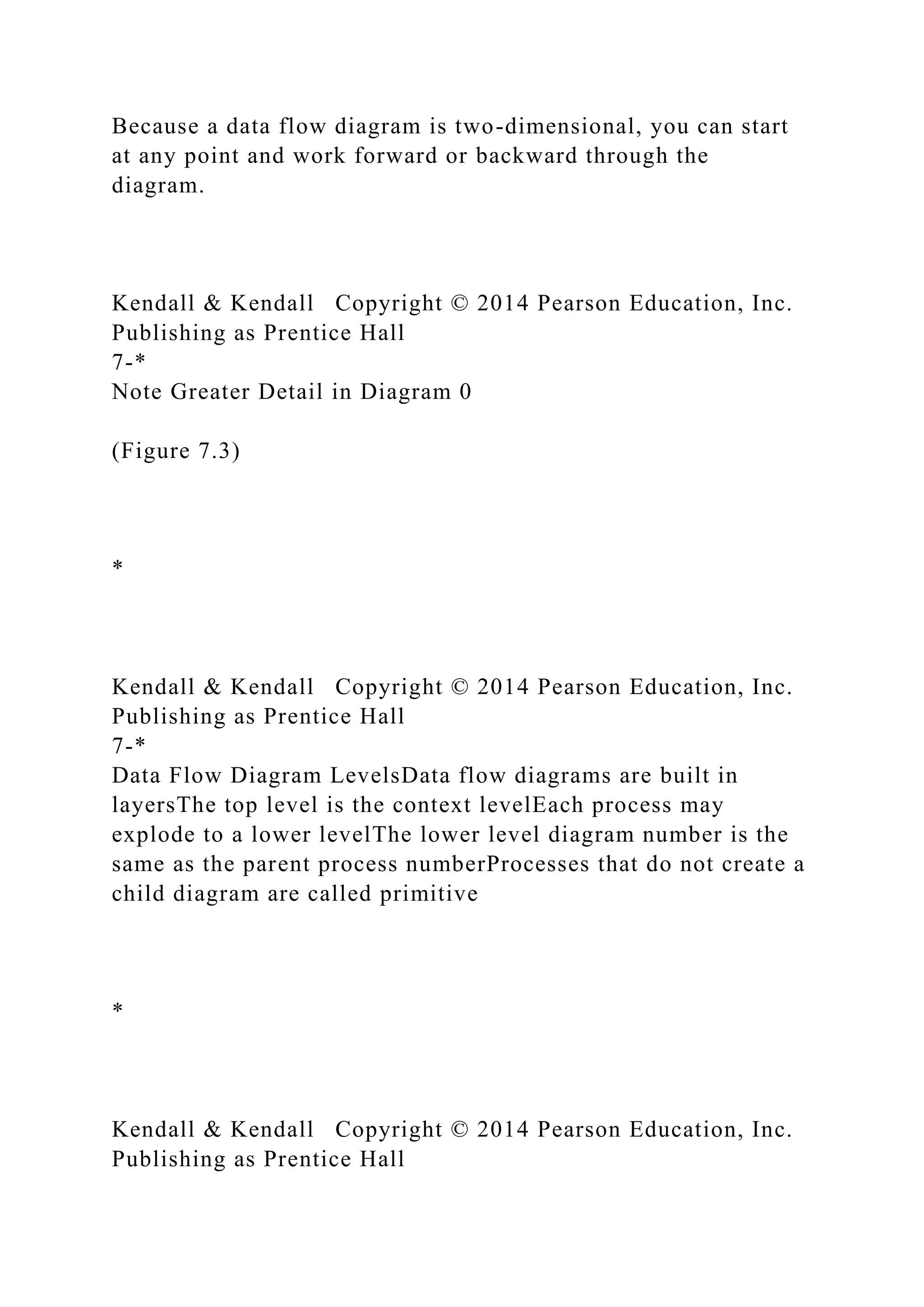 Because a data flow diagram is two-dimensional, you can start
at any point and work forward or backward through the
diagram.
Kendall & Kendall Copyright © 2014 Pearson Education, Inc.
Publishing as Prentice Hall
7-*
Note Greater Detail in Diagram 0
(Figure 7.3)
*
Kendall & Kendall Copyright © 2014 Pearson Education, Inc.
Publishing as Prentice Hall
7-*
Data Flow Diagram LevelsData flow diagrams are built in
layersThe top level is the context levelEach process may
explode to a lower levelThe lower level diagram number is the
same as the parent process numberProcesses that do not create a
child diagram are called primitive
*
Kendall & Kendall Copyright © 2014 Pearson Education, Inc.
Publishing as Prentice Hall
 