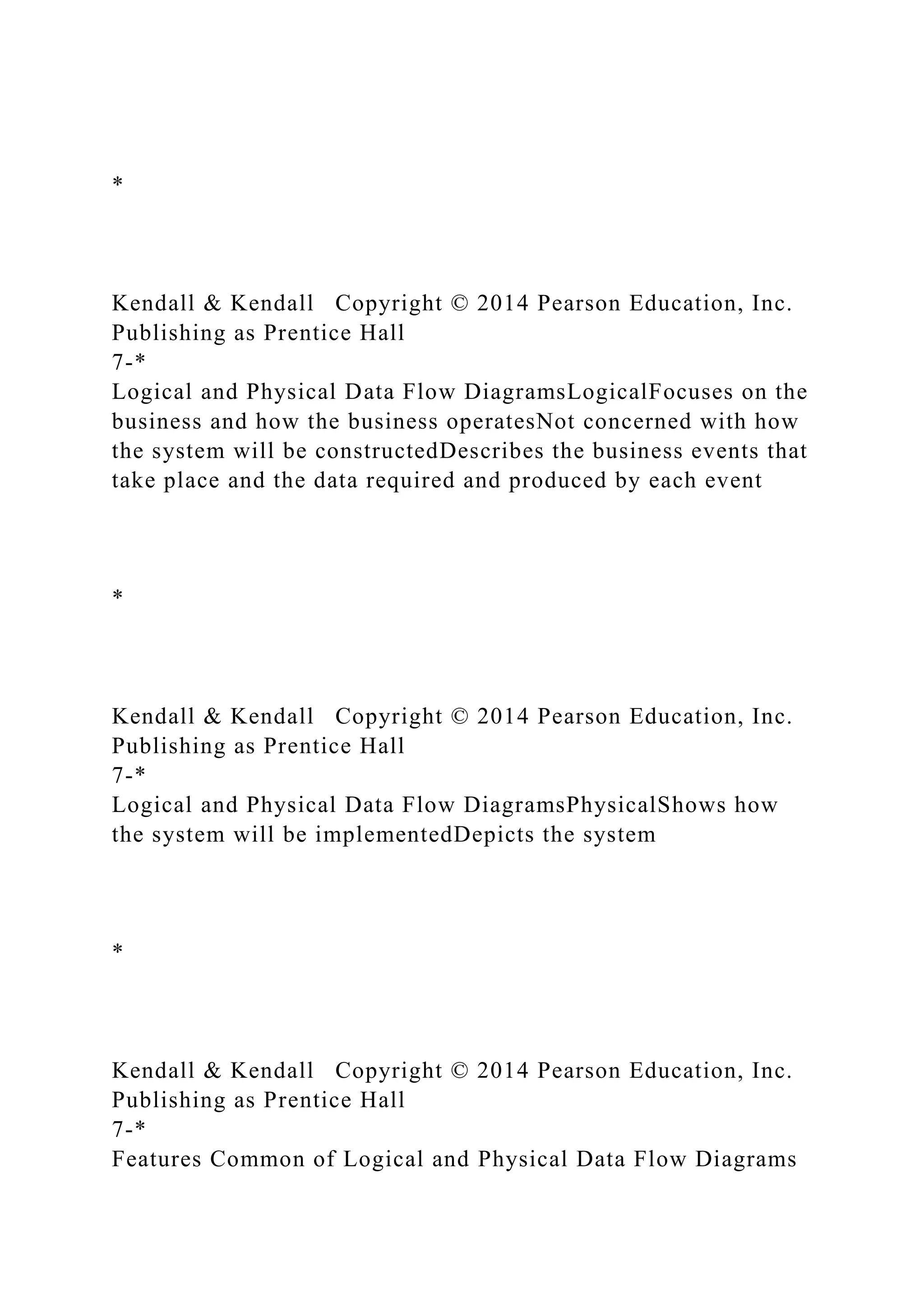 *
Kendall & Kendall Copyright © 2014 Pearson Education, Inc.
Publishing as Prentice Hall
7-*
Logical and Physical Data Flow DiagramsLogicalFocuses on the
business and how the business operatesNot concerned with how
the system will be constructedDescribes the business events that
take place and the data required and produced by each event
*
Kendall & Kendall Copyright © 2014 Pearson Education, Inc.
Publishing as Prentice Hall
7-*
Logical and Physical Data Flow DiagramsPhysicalShows how
the system will be implementedDepicts the system
*
Kendall & Kendall Copyright © 2014 Pearson Education, Inc.
Publishing as Prentice Hall
7-*
Features Common of Logical and Physical Data Flow Diagrams
 