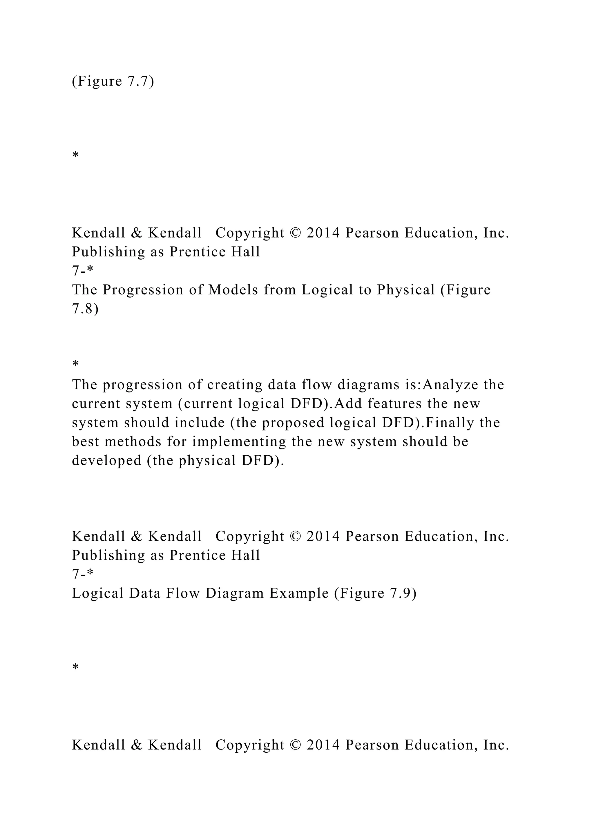 (Figure 7.7)
*
Kendall & Kendall Copyright © 2014 Pearson Education, Inc.
Publishing as Prentice Hall
7-*
The Progression of Models from Logical to Physical (Figure
7.8)
*
The progression of creating data flow diagrams is:Analyze the
current system (current logical DFD).Add features the new
system should include (the proposed logical DFD).Finally the
best methods for implementing the new system should be
developed (the physical DFD).
Kendall & Kendall Copyright © 2014 Pearson Education, Inc.
Publishing as Prentice Hall
7-*
Logical Data Flow Diagram Example (Figure 7.9)
*
Kendall & Kendall Copyright © 2014 Pearson Education, Inc.
 