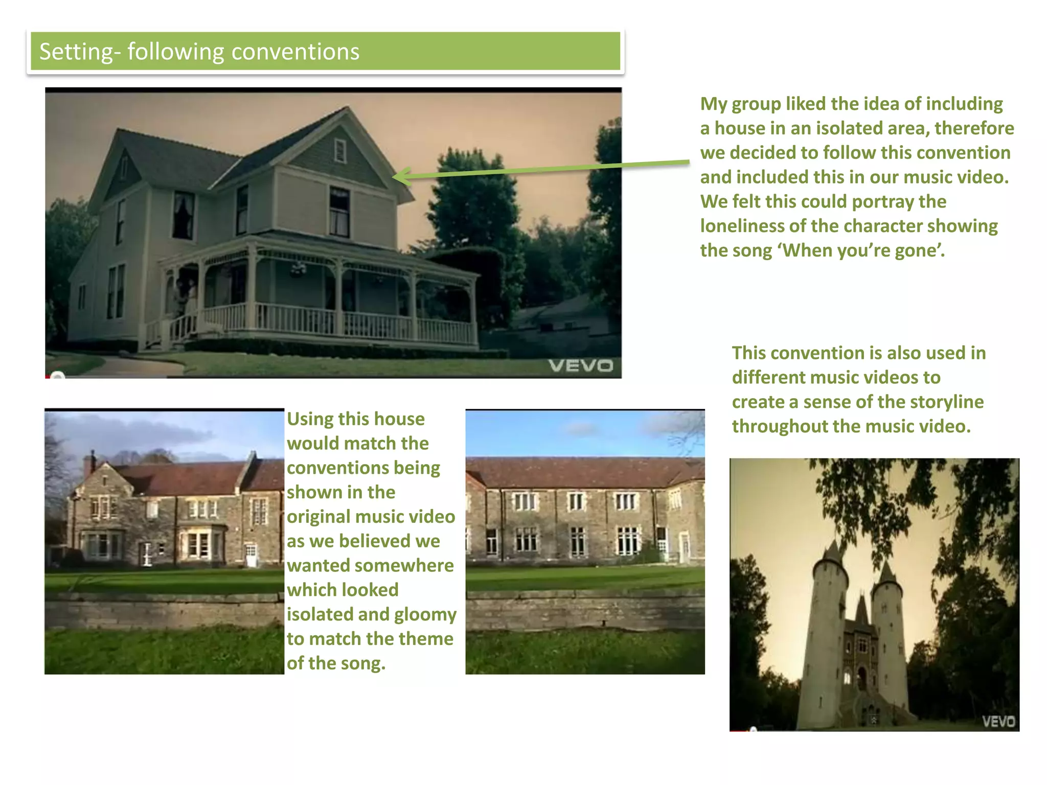 Setting- following conventions
                                              My group liked the idea of including
                                              a house in an isolated area, therefore
                                              we decided to follow this convention
                                              and included this in our music video.
                                              We felt this could portray the
                                              loneliness of the character showing
                                              the song ‘When you’re gone’.




                                                 This convention is also used in
                                                 different music videos to
                                                 create a sense of the storyline
                       Using this house          throughout the music video.
                       would match the
                       conventions being
                       shown in the
                       original music video
                       as we believed we
                       wanted somewhere
                       which looked
                       isolated and gloomy
                       to match the theme
                       of the song.
 