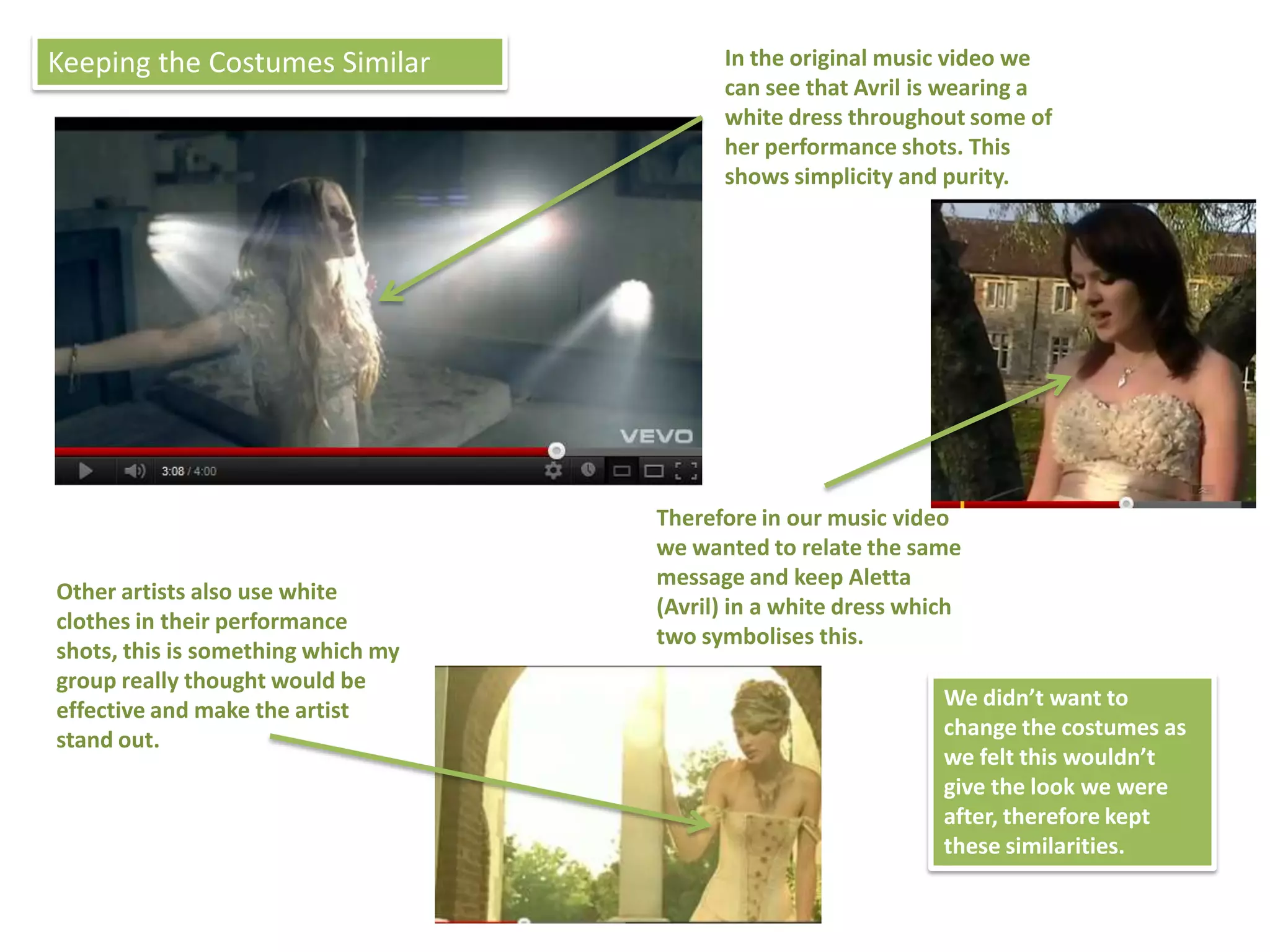 Keeping the Costumes Similar              In the original music video we
                                          can see that Avril is wearing a
                                          white dress throughout some of
                                          her performance shots. This
                                          shows simplicity and purity.




                                    Therefore in our music video
                                    we wanted to relate the same
                                    message and keep Aletta
Other artists also use white
                                    (Avril) in a white dress which
clothes in their performance
                                    two symbolises this.
shots, this is something which my
group really thought would be
effective and make the artist                                   We didn’t want to
stand out.                                                      change the costumes as
                                                                we felt this wouldn’t
                                                                give the look we were
                                                                after, therefore kept
                                                                these similarities.
 