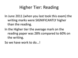 Higher Tier: Reading
In June 2011 (when you last took this exam) the
  writing marks were SIGNIFICANTLY higher
  than the reading.
In the Higher tier the average mark on the
  reading paper was 28% compared to 60% on
  the writing.
So we have work to do...!
 