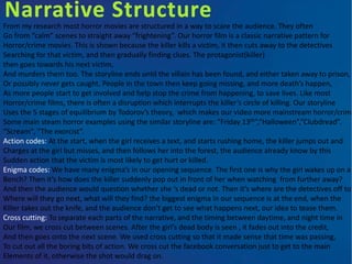 Narrative Structure
From my research most horror movies are structured in a way to scare the audience. They often
Go from “calm” scenes to straight away “frightening”. Our horror film is a classic narrative pattern for
Horror/crime movies. This is shown because the killer kills a victim, it then cuts away to the detectives
Searching for that victim, and then gradually finding clues. The protagonist(killer)
then goes towards his next victim,
And murders them too. The storyline ends until the villain has been found, and either taken away to prison,
Or possibly never gets caught. People in the town then keep going missing, and more death’s happen,
As more people start to get involved and help stop the crime from happening, to save lives. Like most
Horror/crime films, there is often a disruption which interrupts the killer’s circle of killing. Our storyline
Uses the 5 stages of equilibrium by Todorov’s theory, which makes our video more mainstream horror/crime
Some main steam horror examples using the similar storyline are: “Friday 13th”,”Halloween”,”Clubdread”.
“Scream", "The exorcist”.
Action codes: At the start, when the girl receives a text, and starts rushing home, the killer jumps out and
Charges at the girl but misses, and then follows her into the forest, the audience already know by this
Sudden action that the victim is most likely to get hurt or killed.
Enigma codes: We have many enigma’s in our opening sequence. The first one is why the girl wakes up on a
Bench? Then it’s how does the killer suddenly pop out in front of her when watching from further away?
And then the audience would question whether she ‘s dead or not. Then it’s where are the detectives off to?
Where will they go next, what will they find? the biggest enigma in our sequence is at the end, when the
Killer takes out the knife, and the audience don’t get to see what happens next, our idea to tease them.
Cross cutting: To separate each parts of the narrative, and the timing between daytime, and night time in
Our film, we cross cut between scenes. After the girl’s dead body is seen , it fades out into the credit,
And then goes onto the next scene. We used cross cutting so that it made sense that time was passing,
To cut out all the boring bits of action. We cross cut the facebook conversation just to get to the main
Elements of it, otherwise the shot would drag on.
 