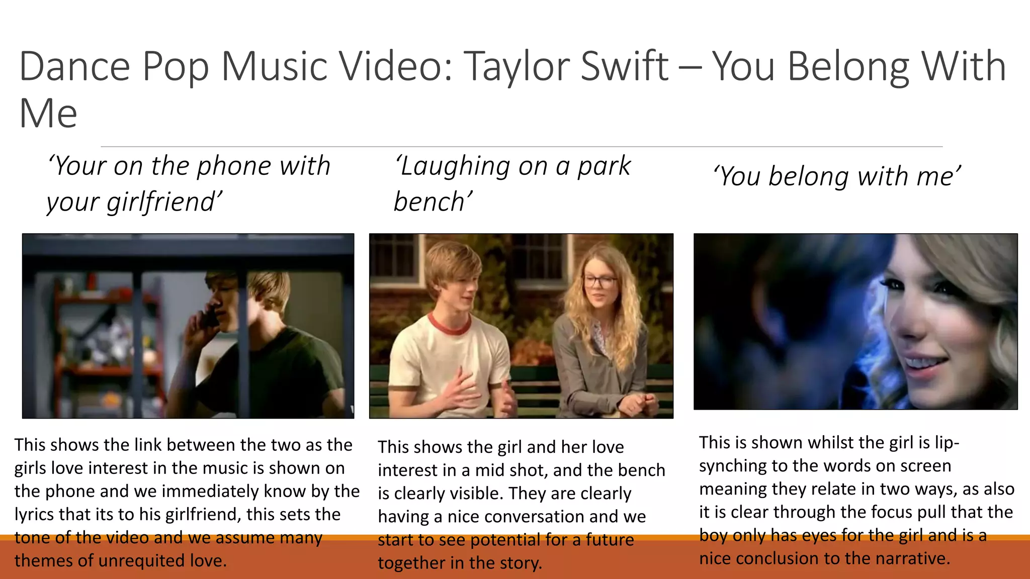 Dance Pop Music Video: Taylor Swift – You Belong With
Me
‘Your on the phone with
your girlfriend’
‘Laughing on a park
bench’
‘You belong with me’
This shows the link between the two as the
girls love interest in the music is shown on
the phone and we immediately know by the
lyrics that its to his girlfriend, this sets the
tone of the video and we assume many
themes of unrequited love.
This shows the girl and her love
interest in a mid shot, and the bench
is clearly visible. They are clearly
having a nice conversation and we
start to see potential for a future
together in the story.
This is shown whilst the girl is lip-
synching to the words on screen
meaning they relate in two ways, as also
it is clear through the focus pull that the
boy only has eyes for the girl and is a
nice conclusion to the narrative.
 