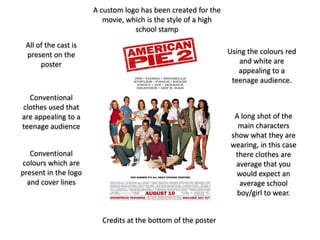 A custom logo has been created for the
                         movie, which is the style of a high
                                  school stamp
 All of the cast is
 present on the                                                Using the colours red
      poster                                                      and white are
                                                                  appealing to a
                                                                teenage audience.

  Conventional
clothes used that
are appealing to a                                              A long shot of the
teenage audience                                                 main characters
                                                               show what they are
                                                               wearing, in this case
   Conventional                                                 there clothes are
colours which are                                               average that you
present in the logo                                              would expect an
  and cover lines                                                 average school
                                                                 boy/girl to wear.


                        Credits at the bottom of the poster
 