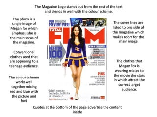 The Magazine Logo stands out from the rest of the text
                    and blends in well with the colour scheme.
  The photo is a
 single image of                                               The cover lines are
Megan fox which                                               listed to one side of
 emphasis she is                                              the magazine which
the main focus of                                             makes room for the
  the magazine.                                                    main image

   Conventional
 clothes used that
are appealing to a                                               The clothes that
teenage audience.                                                 Megan Fox is
                                                                wearing relates to
                                                               the movie she stars
The colour scheme
                                                               in which attract the
    works well
                                                                  correct target
  together mixing
                                                                    audience.
 red and blue with
  the picture and
        font
              Quotes at the bottom of the page advertise the content
                                      inside
 