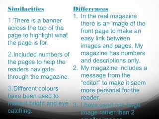 Similarities

1.There is a banner

across the top of the
page to highlight what
the page is for.

2.Included numbers of
the pages to help the
readers navigate
through the magazine.

3.Different colours

have been used to
make it bright and eye
catching.

Differences
1. In the real magazine
there is an image of the
front page to make an
easy link between
images and pages. My
magazine has numbers
and descriptions only.
2. My magazine includes a
message from the
“editor” to make it seem
more personal for the
reader.
3. I have used one large
image rather than 2

 