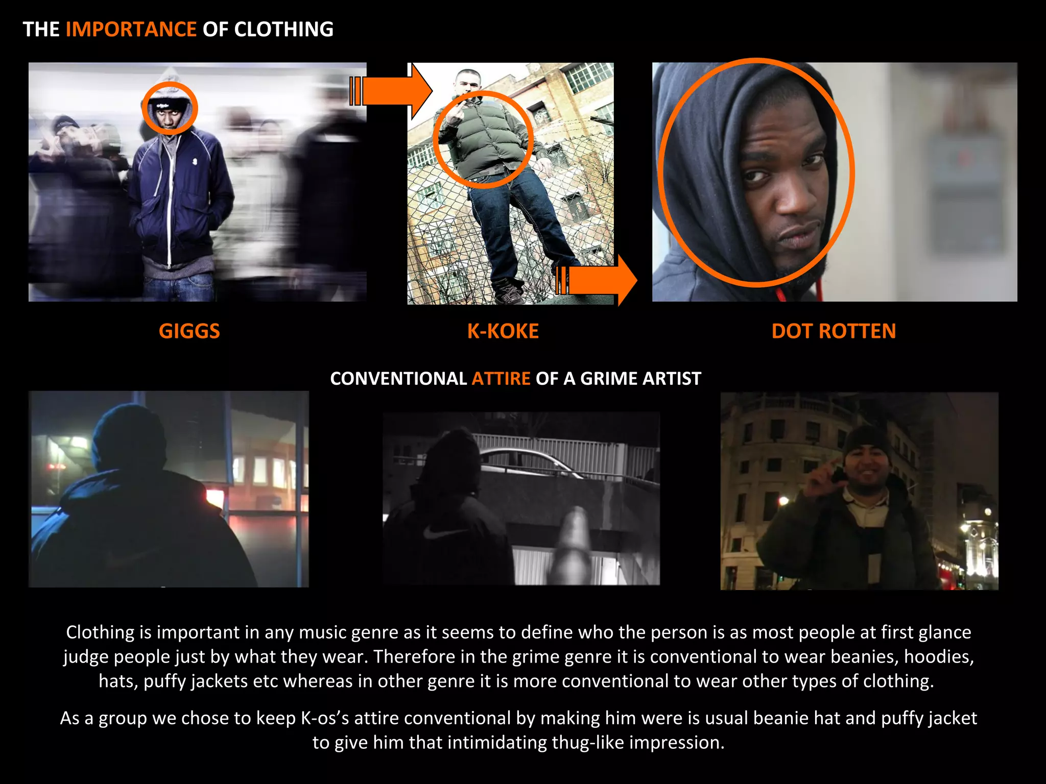 THE IMPORTANCE OF CLOTHING




              GIGGS                                 K-KOKE                                DOT ROTTEN

                                   CONVENTIONAL ATTIRE OF A GRIME ARTIST




    Clothing is important in any music genre as it seems to define who the person is as most people at first glance
   judge people just by what they wear. Therefore in the grime genre it is conventional to wear beanies, hoodies,
        hats, puffy jackets etc whereas in other genre it is more conventional to wear other types of clothing.
   As a group we chose to keep K-os’s attire conventional by making him were is usual beanie hat and puffy jacket
                                to give him that intimidating thug-like impression.
 