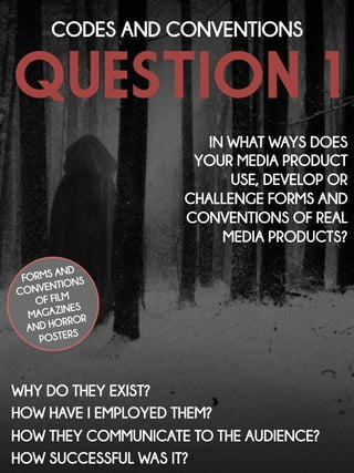 QUESTION 1
CODES AND CONVENTIONS
IN WHAT WAYS DOES
YOUR MEDIA PRODUCT
USE, DEVELOP OR
CHALLENGE FORMS AND
CONVENTIONS OF REAL
MEDIA PRODUCTS?
FORMS AND
CONVENTIONS
OF FILM
MAGAZINES
AND HORROR
POSTERS
WHY DO THEY EXIST?
HOW HAVE I EMPLOYED THEM?
HOW THEY COMMUNICATE TO THE AUDIENCE?
HOW SUCCESSFUL WAS IT?
 
