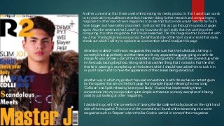 Another convention that I have used while creating my media product is that I used buzz words
to try and catch my audiences attention, however doing further research and comparing my
magazine to other main stream magazines I can see that buzz words would need to be much
more bigger and have better placement. I will correct this as I go through my product pages
again. Also the sentence that I used for my ‘buzz words’ isn’t really that eye catching when
comparing it to other magazines that I have researched. The XXL magazine that I looked at with
Jay-Z has ‘The Big Business issue across the left hand side of the front cover in Bold that really
stands out which I will try to replicate as a convention when I readjust this page.
Attention to detail - with most magazines they make sure that the individuals clothing is
correctly lined up perfectly and that there aren’t any apparent baggage going on with the
image. As you can see a part of his shoulder is showing which I should have covered up while
in the studio taking the photo. Along with that another thing that I noticed is that the shirt
that he is wearing is crumpled up at the bottom which I should have asked him to tuck it in
or pull it down a bit to have the appearance of the creases being ironed out.
Another way in which my product has used conventions is with the exclusive content given
by the rappers that are on the front page. For example Impact releasing his new song
‘Collision’ and Spirit releasing ‘Leave your Body’. I found that implementing these
conventions into my own product quite simple as there are so many examples of it being
used by just looking at other magazines.
I decided to go with the convention of having the Bar code vertically placed on the right hand
side of the magazine. This is one of the conventions I found while researching into some
magazines such as ‘Respect’ where the Bar Code is vertical in some of their magazines.
 