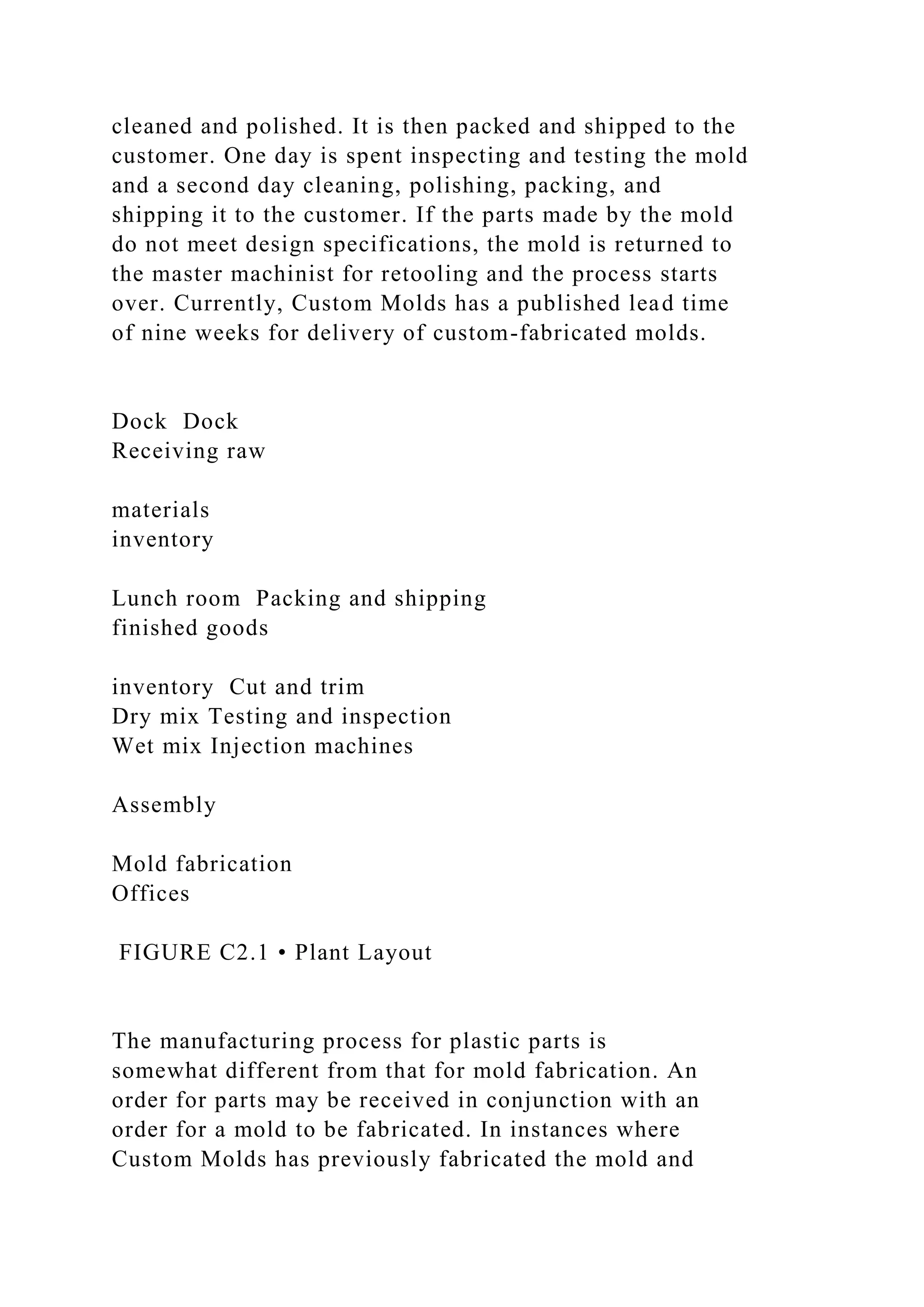 cleaned and polished. It is then packed and shipped to the
customer. One day is spent inspecting and testing the mold
and a second day cleaning, polishing, packing, and
shipping it to the customer. If the parts made by the mold
do not meet design specifications, the mold is returned to
the master machinist for retooling and the process starts
over. Currently, Custom Molds has a published lead time
of nine weeks for delivery of custom-fabricated molds.
Dock Dock
Receiving raw
materials
inventory
Lunch room Packing and shipping
finished goods
inventory Cut and trim
Dry mix Testing and inspection
Wet mix Injection machines
Assembly
Mold fabrication
Offices
FIGURE C2.1 • Plant Layout
The manufacturing process for plastic parts is
somewhat different from that for mold fabrication. An
order for parts may be received in conjunction with an
order for a mold to be fabricated. In instances where
Custom Molds has previously fabricated the mold and
 