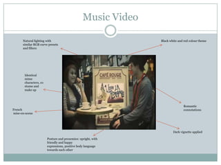 Music VideoBlack white and red colour themeNatural lighting with similar RGB curve presets and filtersIdentical mime characters, costume and make upRomantic connotationsFrenchmise-en-sceneDark vignette appliedPosture and proxemics: upright, with friendly and happy expressions, positive body language towards each other