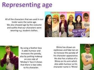 All of the characters that we used in our
        trailer were the same age.
  We also showed age by the costume
  and outfits that our characters were
       wearing e.g. student clothes.




                By using a feather boa         Rhino has drawn on
                  it adds humour and        eyebrows and fake tan on
                 increases the parody,      to increase the parody of
               also by putting makeup       his character appearance.
                      on one side of         He also has a tattoo of a
               ‘Mickey’s’ face it shows      Rhino on his arm which
                that there is two sides      also adds humour as his
                     to his character.      character name is ‘Rhino’.
 