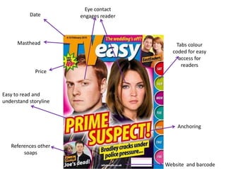 Eye contact
           Date        engages reader



      Masthead                             Tabs colour
                                          coded for easy
                                            access for
                                             readers
             Price



Easy to read and
understand storyline



                                            Anchoring


   References other
        soaps

                                        Website and barcode
 