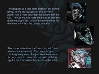 The digipack is a little more subtle in the canine
icons. There are reasons for this, why the
poster has a more clear representation than the
CD. The CD focuses more on the artist than the
main featured track, while setting the theme for
the main track with the canine imagery.
The poster advertises the 'becoming wild' tour
which is the main track. The poster is eye
catching, unique and fun just like the character.
Its purpose is to cause interest and catch the
eye for the tour, rather than express the artist.
 